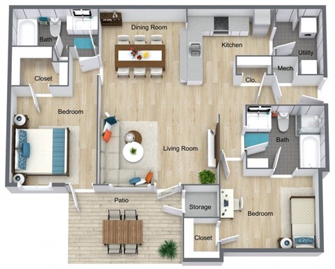 a3 floor plan with bedrooms and baths and a living room with a dining room